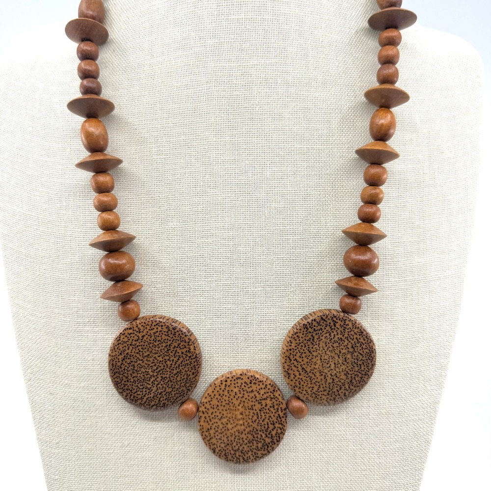Wood Bead Statement Necklace Organic Boho Natural Texture Artisan Layered Design